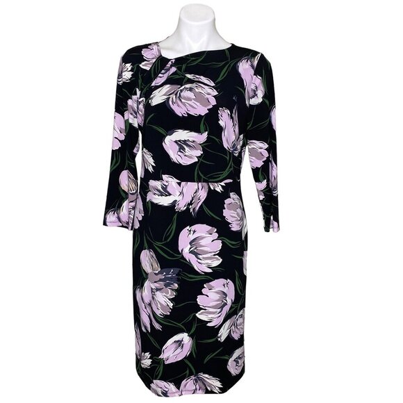 Ann Taylor Factory Floral Print Black & Lilac Dress 3/4 Sleeves Size 10 - Picture 1 of 9